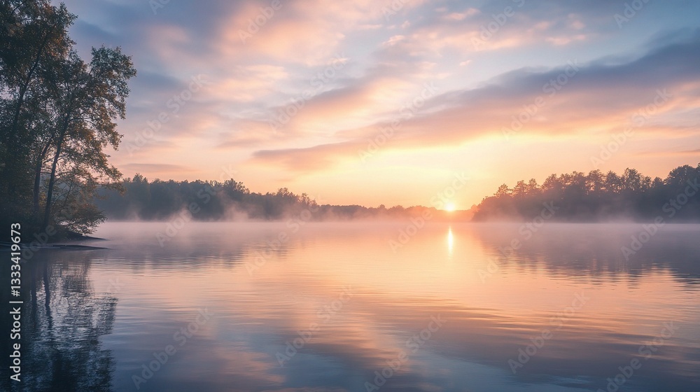 Serene Lakeside Scene with Mist Rolling Over Calm Waters at Dawn Serene Lakeside Scene with Mist Rolling Over Calm Waters at Dawn