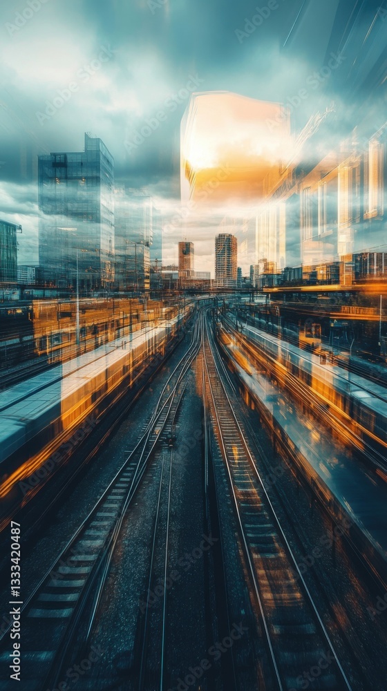 Fototapeta premium Double Exposure Effect About Transportation and Logistics. Urban Cityscape with Train Tracks and Double Exposure Effect