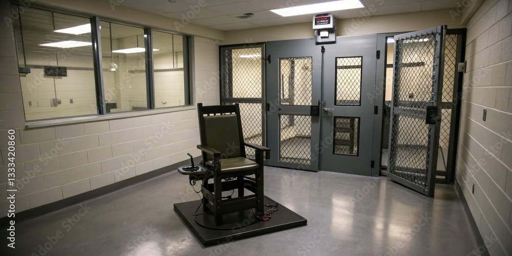 Electric chair in a secure prison execution chamber, highlighting the stark environment and solitude of capital punishment