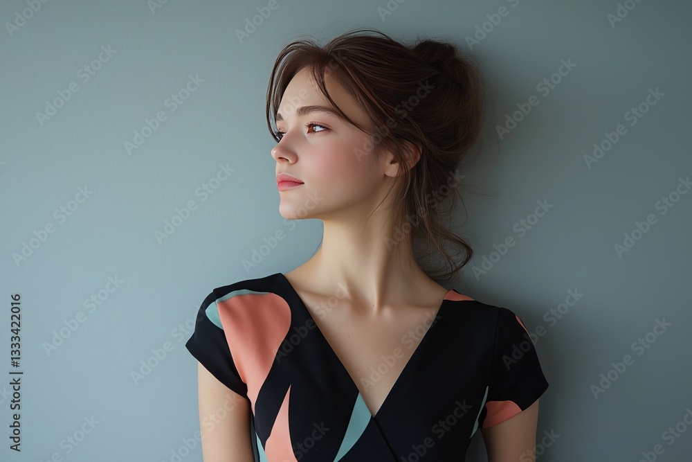 Fototapeta premium Elegant Woman Profile Portrait Fashion Model Stylish Hairdo Pretty Face Beautiful Girl Summer Dress Peach Coral Black Abstract Pattern Studio Shot