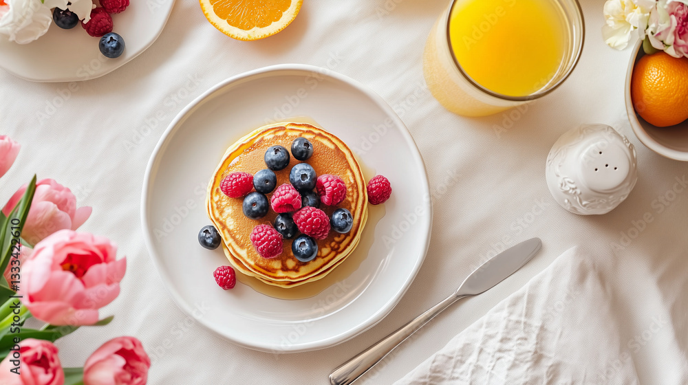 Breakfast with pancakes, berries, juice, and flowers on table Breakfast with pancakes, berries, juice, and flowers on table