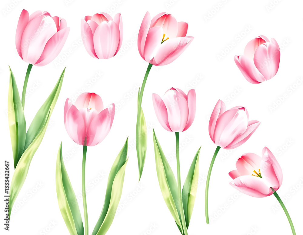 A Delicate Watercolor Painting of Pink Tulips: A Collection of Blooming Spring Flowers A Delicate Watercolor Painting of Pink Tulips: A Collection of Blooming Spring Flowers