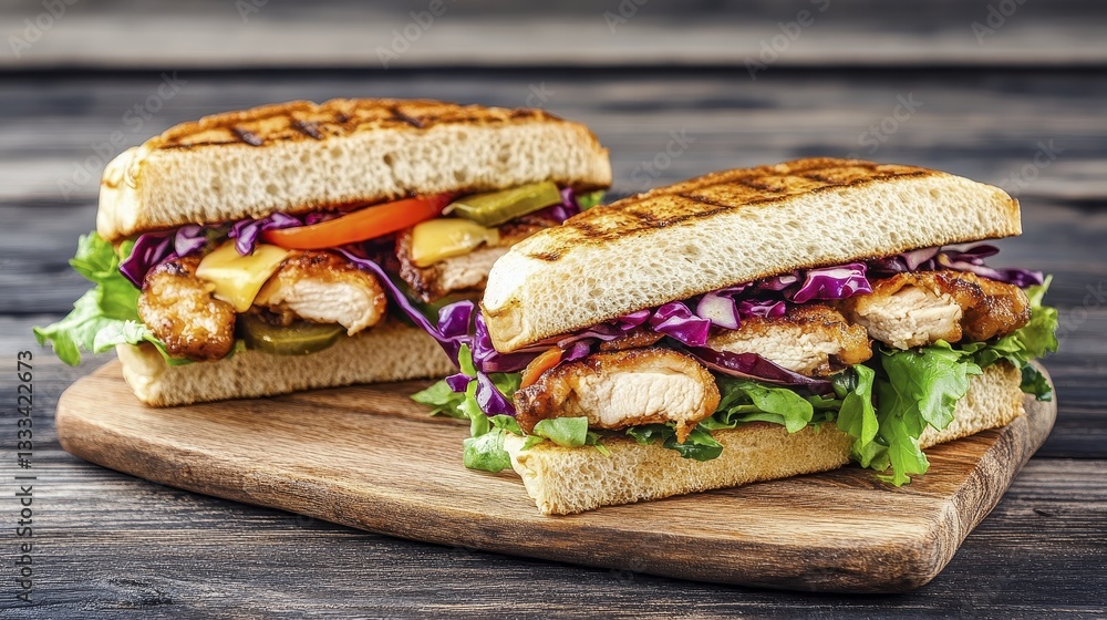 Close-up of two appetizing grilled chicken sandwiches on rustic wooden board Close-up of two appetizing grilled chicken sandwiches on rustic wooden board