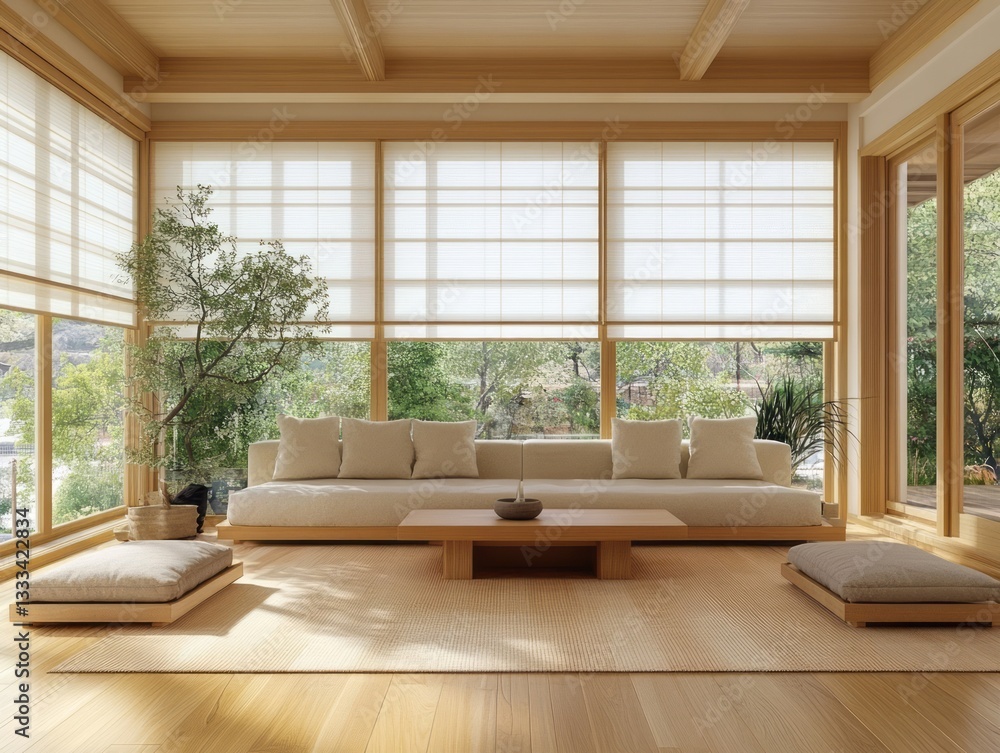 Fototapeta premium A minimalist living room features natural light and wooden accents
