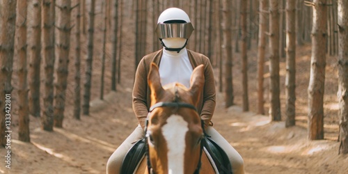Obraz na płótnie Equestrian rider in a unique helmet riding through a serene forest path surrounded by tall trees w salonie