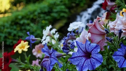Close-up view of blooming multicolored flowers with a cascading waterfall in the background. The rich textures and vivid colors create a serene natural setting.