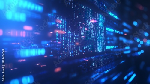Blurry blue bokeh background abstract programming codes neon digital network encryption patterns and futuristic cybersecurity defense visualization