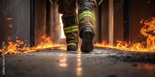 Obraz na płótnie Firefighter walks through a burning corridor in emergency situation w salonie