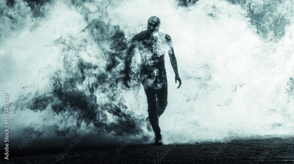 Obraz premium Man Walking Through Smoke and Mist: A Surreal Journey