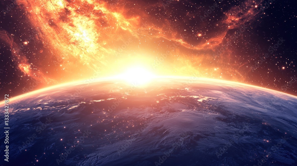 Cosmic Sunrise: A Fiery Celestial Dawn over Earth Cosmic Sunrise: A Fiery Celestial Dawn over Earth