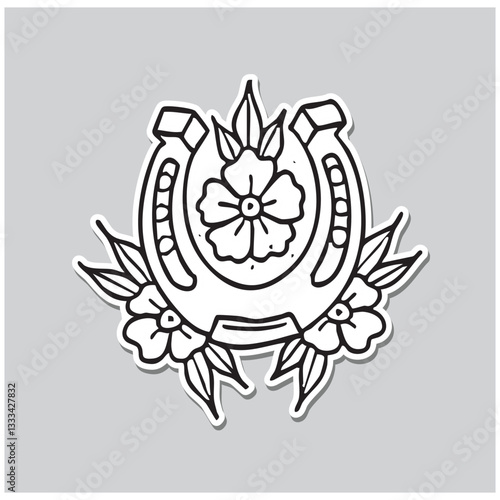 Line old school design of horseshoe with flowers, Vector illustration