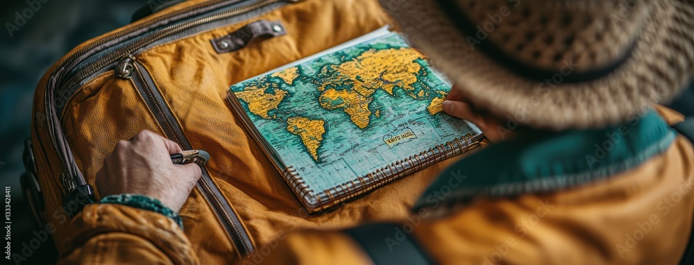 Packing suitcase with world map notebook, showcasing travel preparation and adventure. traveler is ready for exploration with vibrant yellow bag Packing suitcase with world map notebook, showcasing travel preparation and adventure. traveler is ready for exploration with vibrant yellow bag