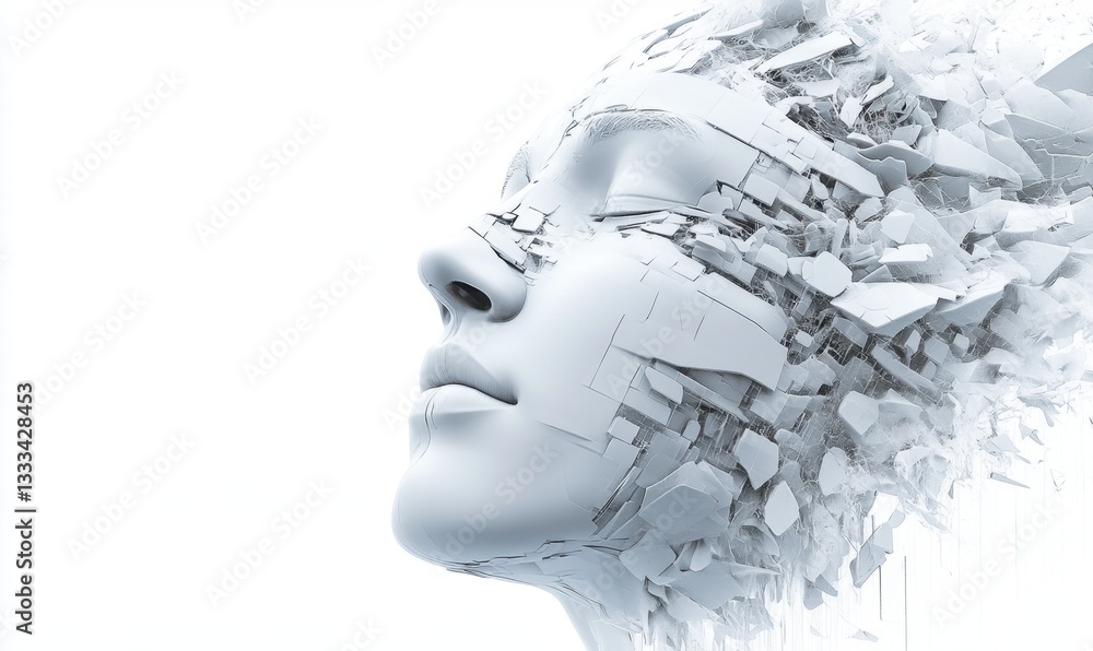 Woman's fragmented face dissolving, serenity amidst chaos, AI art concept Woman's fragmented face dissolving, serenity amidst chaos, AI art concept