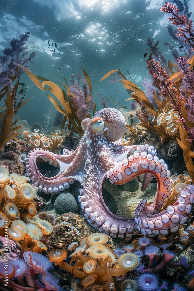Fototapeta premium A beautiful octopus gliding gracefully over rugged underwater terrain