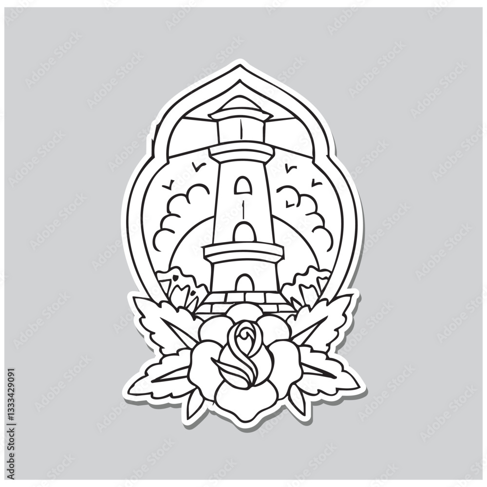 Outline old school design of light house with rose vector illustration design Outline old school design of light house with rose vector illustration design
