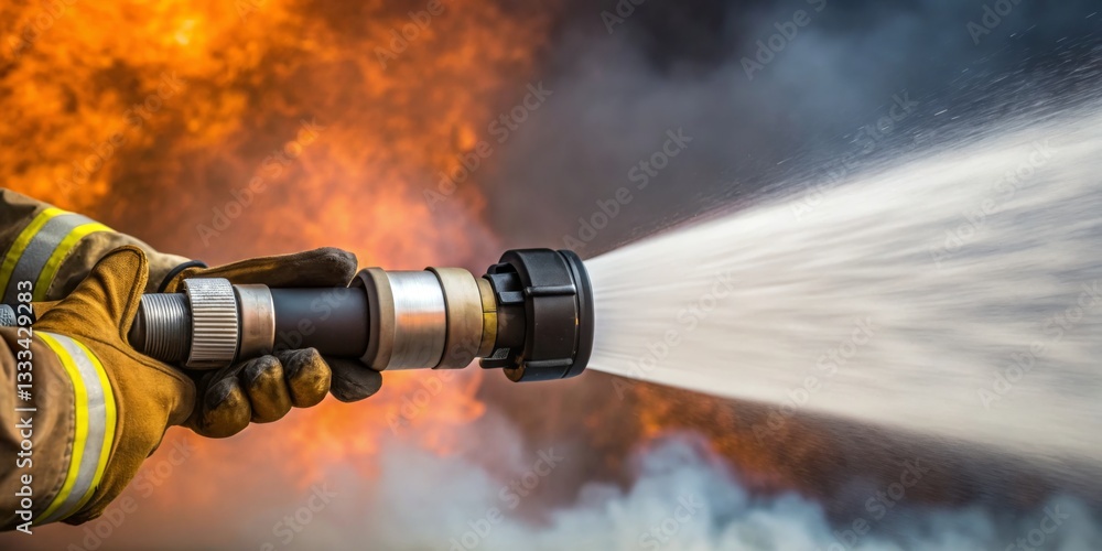 Firefighter battling flames with water hose at intense blaze in urban area during daylight