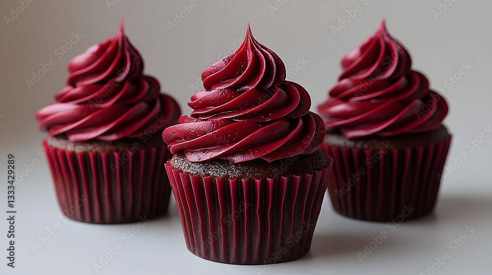 Crimson Cupcakes: Three delectable cupcakes adorned with a rich, crimson frosting, inviting indulgence and sweet sensations. capturing the essence of dessert and delight. Crimson Cupcakes: Three delectable cupcakes adorned with a rich, crimson frosting, inviting indulgence and sweet sensations. capturing the essence of dessert and delight.