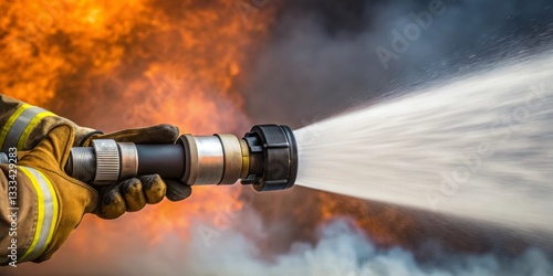 Obraz na płótnie Firefighter battling flames with water hose at intense blaze in urban area during daylight w salonie