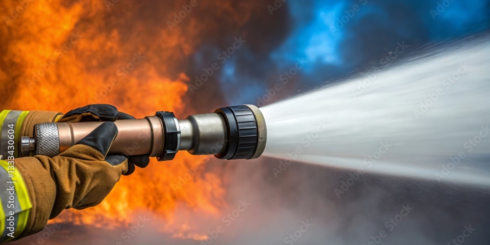 Firefighter using hose to extinguish flames during emergency response in urban area