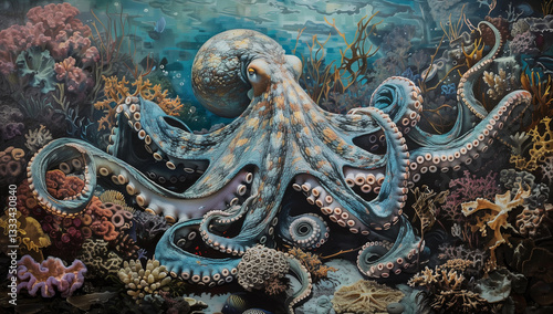 Wallpaper Mural  A beautiful octopus gliding gracefully over rugged underwater terrain Torontodigital.ca