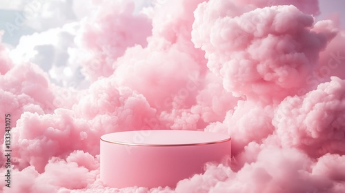 A dreamy scene featuring a pink podium surrounded by fluffy pink clouds, evoking a whimsical and surreal atmosphere.