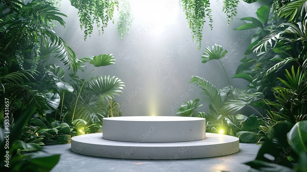 A serene indoor jungle scene featuring lush greenery and a circular podium illuminated by soft light. A serene indoor jungle scene featuring lush greenery and a circular podium illuminated by soft light.