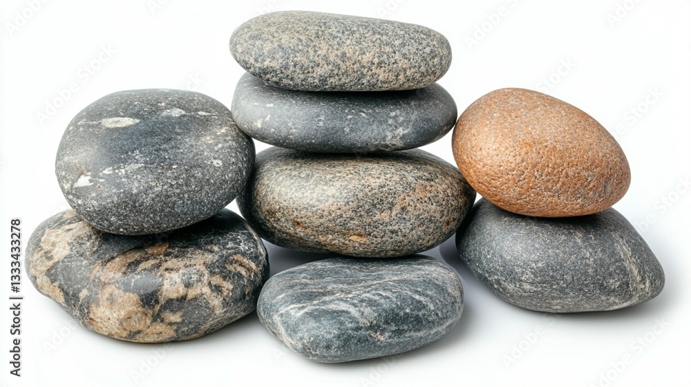 Stacked smooth grey and brown river rocks isolated on white background. Stacked smooth grey and brown river rocks isolated on white background.