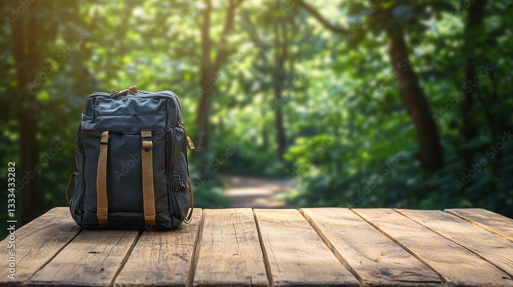 Fototapeta premium Rustic Wooden Table with Backpack in Blurred Green Nature Background