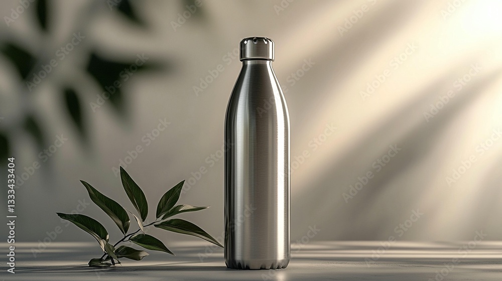 Stainless steel water bottle on table with plant. Stainless steel water bottle on table with plant.
