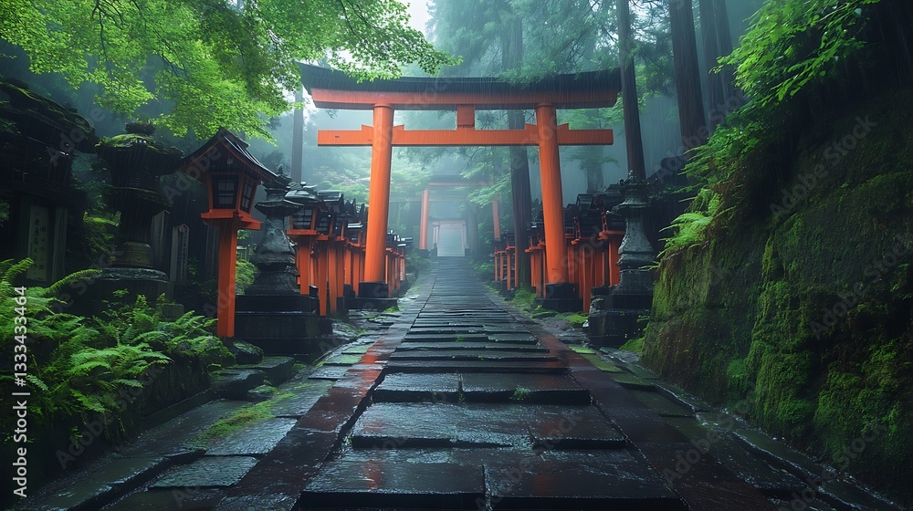 Rainy spring walk through iconic torii gates in japanese forest captivating nature backgrounds for serenity Rainy spring walk through iconic torii gates in japanese forest captivating nature backgrounds for serenity