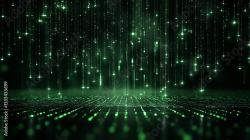 A glowing neon green digital code, data from the Matrix, black background, digital and abstract aesthetic, high-tech