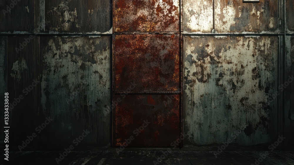 Rusty metal wall, dark room, texture Rusty metal wall, dark room, texture