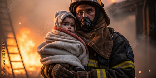Obraz na płótnie Firefighter rescues child from burning building amid flames and smoke during emergency situation in urban area w salonie