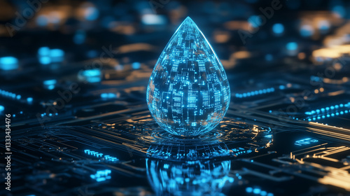 Futuristic digital water droplet glowing on a high-tech circuit board, symbolizing technology, sustainability, and innovation in artificial intelligence.
