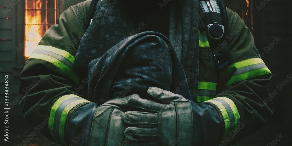 Rescued child in firefighter's arms during dramatic rescue operation at a residential fire