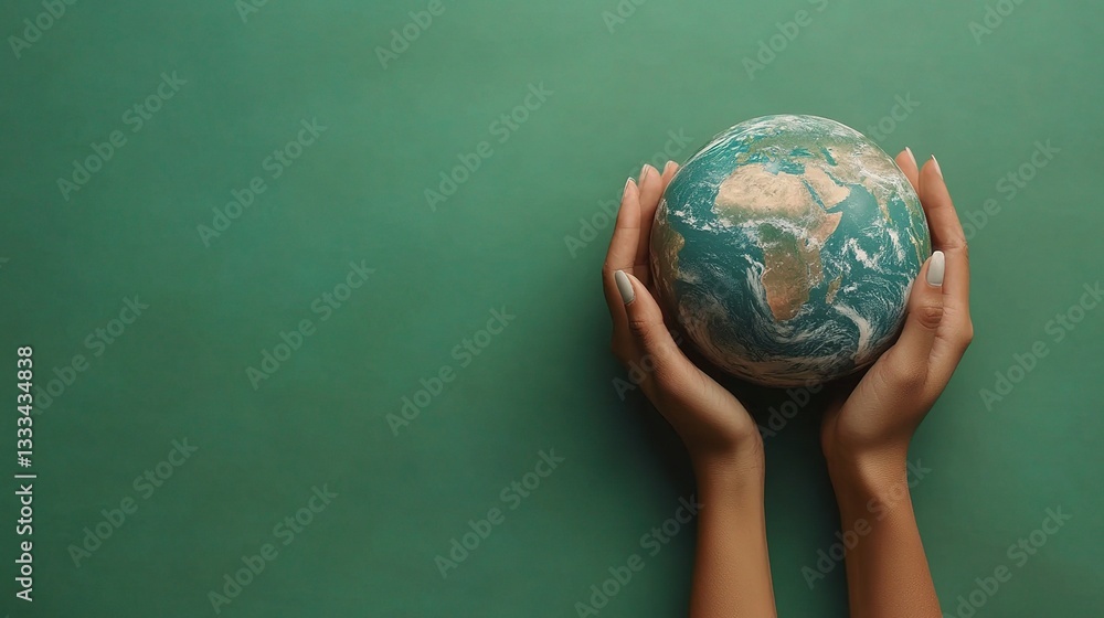 Tender Hands Holding Beautiful Model of Earth on Green Background Tender Hands Holding Beautiful Model of Earth on Green Background