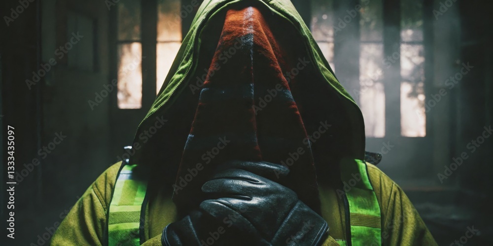 Mysterious figure in a green hooded jacket with gloves during a moody, dimly lit indoor setting