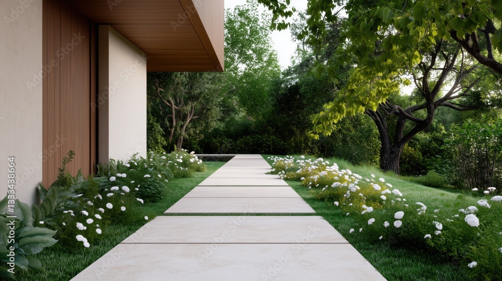 Obraz premium A white house with a large yard and a path leading to it. The path is lined with flowers and trees