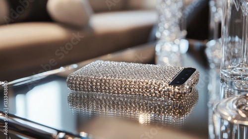 Diamond Encrusted Smartphone Case Rests On Glass Table