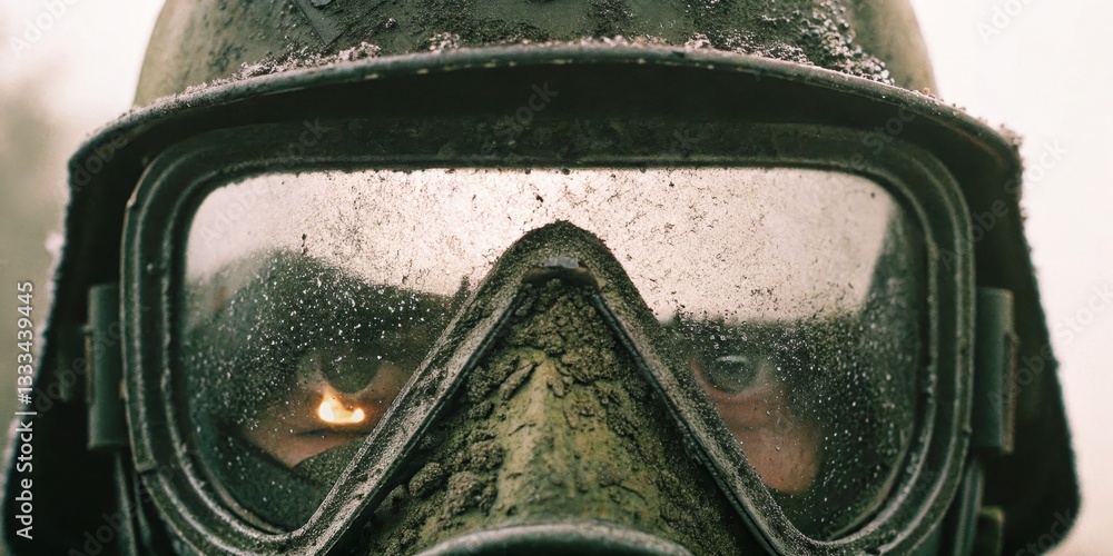 Soldier wearing a gas mask in a foggy, military environment with dirt and frost on the lenses reflecting a determined expression