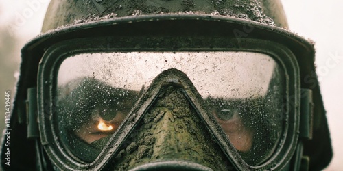 Obraz na płótnie Soldier wearing a gas mask in a foggy, military environment with dirt and frost on the lenses reflecting a determined expression w salonie