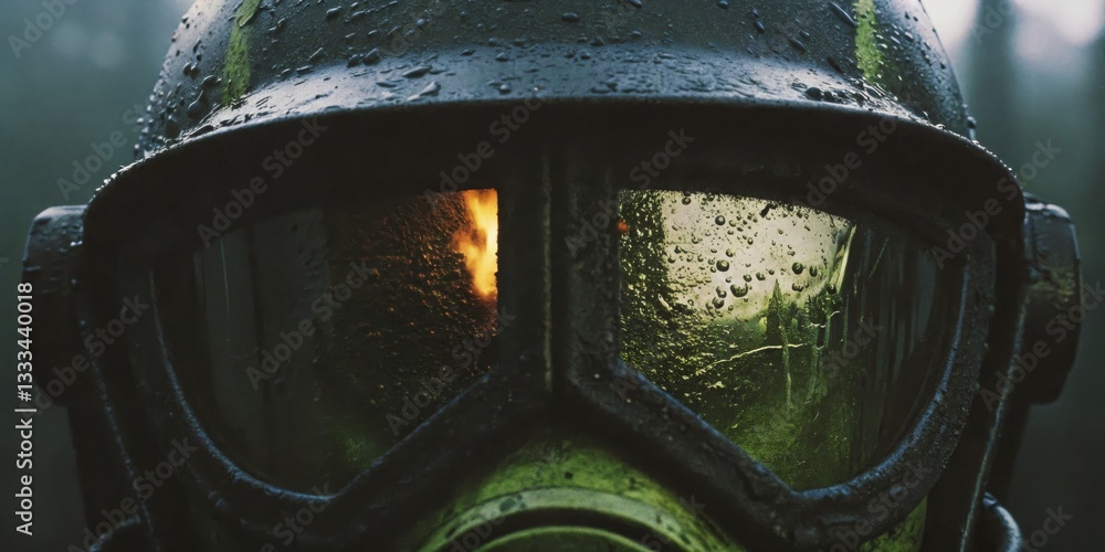 Mysterious figure in a gas mask stands in a foggy forest with a flickering fire in the background