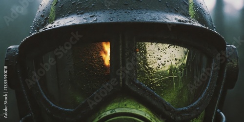 Obraz na płótnie Mysterious figure in a gas mask stands in a foggy forest with a flickering fire in the background w salonie