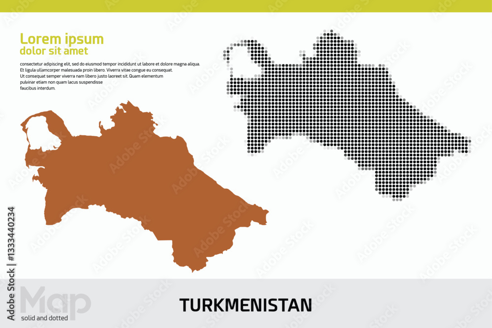Obraz premium A map of Turkmenistan in dual designs, featuring brown solid details and black abstract dotted patterns, isolated on a white background