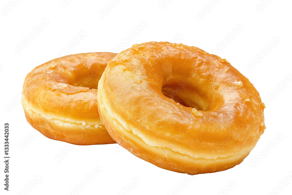 Two golden glazed donuts offering a delicious and tempting sweet treat Two golden glazed donuts offering a delicious and tempting sweet treat