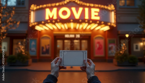 Movie Tickets Held Up in Front of a Glowing Movie Theater, Cinema, Entertainment, Nighttime.