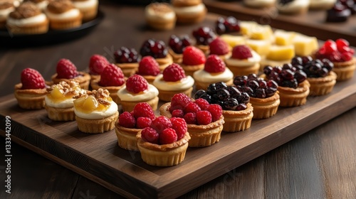 A selection of mini tarts, Aclairs, and fruit parfaits displayed on a wooden tray at a dessert banquet.