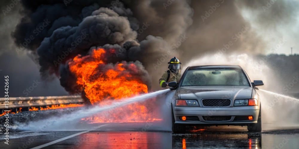 Firefighter battling blaze on highway near car amidst dark smoke and flames during emergency response