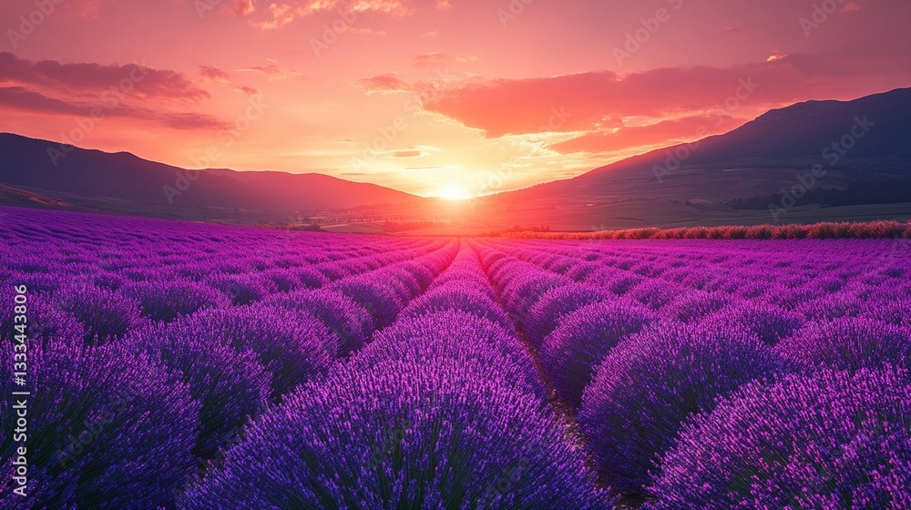 Vibrant sunset over rows of purple lavender fields in a mountainous landscape. Vibrant sunset over rows of purple lavender fields in a mountainous landscape.