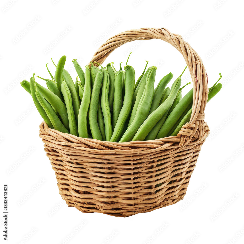 Freshly sliced long beans in a wicker basket on a Transparent background showcasing vibrant green colors, Slice long beans in basket isolated on PNG background Freshly sliced long beans in a wicker basket on a Transparent background showcasing vibrant green colors, Slice long beans in basket isolated on PNG background